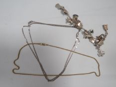 A SILVER CHARM BRACELET AND TWO SILVER NECK CHAINS