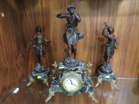 A FRENCH SPELTER AND VARIEGATED MARBLE CLOCK GARNITURE