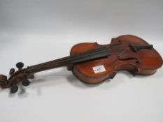 AN ANTIQUE VIOLIN TWO PIECE BACK AND BOW A/F