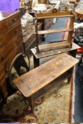 TWO VINTAGE BENCHES WITH OAK HANGING SHELF AND A MIRROR