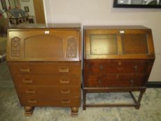 AN OAK BARLEY TWIST BUREAU TOGETHER WITH ANOTHER OAK BUREAU (2)