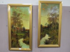 H A ADAMS - A PAIR OF ANTIQUE OIL ON CANVAS DEPICTING RIVER SCENES, 82 X 36.5 CM (2)
