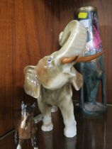 A ROYAL DUX FIGURE OF AN ELEPHANT TOGETHER WITH A BESWICK FOWL AND AN UNUSUAL CONTINENT VASE WITH
