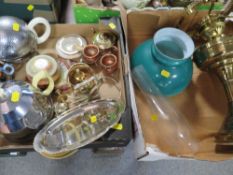 TWO TRAYS OF ASSORTED COLLECTABLE'S TO INCLUDE ART DECO STYLE TEAPOTS TOGETHER WITH AN OIL LAMP