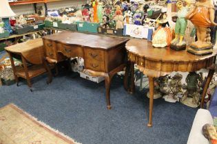 A VINTAGE MAHOGANY ? DRESSING TABLE TOGETHER WITH HALF MOON CONSOLE TABLE & TROLLEY