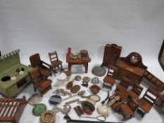 A BOX OF ASSORTED DOLLS HOUSE FURNITURE WITH WHITE METAL TRINKETS ETC