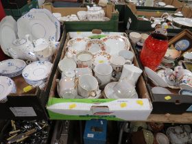 THREE TRAYS OF ASSORTED CERAMICS TO INCLUDE WEDGWOOD JASPERWARE , FRANZ ORIENTAL EXAMPLES ETC