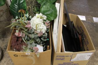 TWO BOXES OF EX SHOW HOME ARTIFICIAL PLANTS, SHELVES, ETC