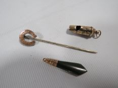 A VICTORIAN WHISTLE, STICK PIN AND PENDANT