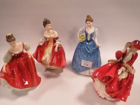 FOUR ROYAL DOULTON FIGURINE TO INCLUDE SOUTHERN BELLE, HELEN, FAIR LADY, TOP O' THE HILL