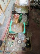 FOUR TRAYS OF ASSORTED GLASSWARE TO INCLUDE CUT GLASS VASES ETC
