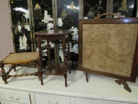 A WEAVED TOP FOOTSTOOL TOGETHER WITH AN OAK SIDE TABLE AND A TAPESTRY FIRE SCREEN