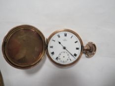 A MENS ANTIQUE GOLD PLATED HUNTER CASED POCKET WATCH