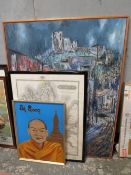 A LARGE IMPRESSIONIST OIL ON BOARD 123 X 92 CM WITH A BUDDHIST OIL AND MAP (3)