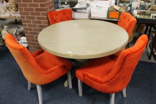 A MODERN LIMED PEDESTAL TABLE TOGETHER WITH FOUR ORANGE MODERN UPHOLSTERED CHAIRS