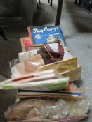 A BOX OF ASSORTED VINTAGE LADIES TIGHTS, HOSIERY, SONG BOOKS ETC
