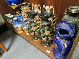 A COLLECTION OF DECORATIVE VASES , TWIN HANDLE VASES TO INCLUDE A TWIN HANDLE URN ON A PEDESTAL