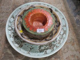 A LARGE INDIAN TREE CERAMIC CHARGER TOGETHER WITH A GLYN COLLEDGE FOOTED BOWL ETC (3)