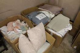 A QUANTITY OF EX SHOW HOME BEDDING, SHEETS, THROWS & PILLOWS ETC CONTAINED IN SIX LARGE BOXES