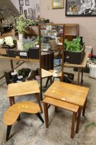 TWO VINTAGE TEAK DANISH TABLES TOGETHER WITH A KIDNEY TABLE, OAK OCCASIONAL TABLE & A MIRROR