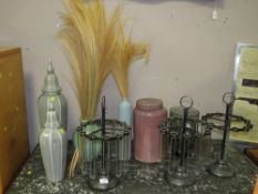 A SELECTION OF MODERN CERAMICS AND TWO CIRCULAR GLASS TEST TUBE BUD VASE STANDS