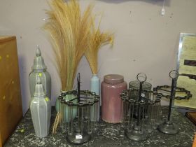 A SELECTION OF MODERN CERAMICS AND TWO CIRCULAR GLASS TEST TUBE BUD VASE STANDS