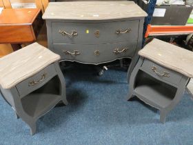 A MODERN FRENCH STYLE TWO DRAWER LIMED CHEST TOGETHER WITH TWO BEDSIDES