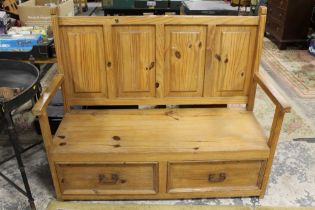 A PINE SETTLE BENCH WITH TWO DRAWERS - W 130 CM