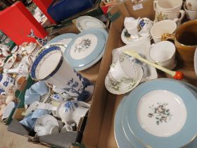 THREE TRAYS OF ASSORTED CERAMICS TO INCLUDE ROYAL DOULTON ROSE ELEGANS DINNERWARE , PORTMEIRION ETC