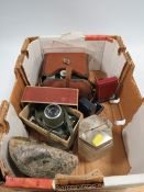 A TRAY OF ASSORTED COLLECTABLE'S TO INCLUDE CAMERAS, PAUA SHELL ETC