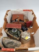 A TRAY OF ASSORTED COLLECTABLE'S TO INCLUDE CAMERAS, PAUA SHELL ETC