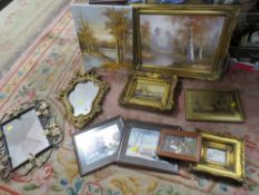 A BOX OF ASSORTED MIRRORS AND PICTURES