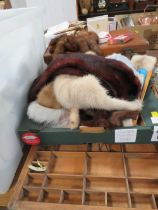 A QUANTITY OF COLLECTABLES TO INCLUDE SMALL FURS AND A SMALL SUITCASE ETC