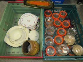 A TRAY OF KILNER JARS TOGETHER WITH A TRAY OF CERAMICS (TRAYS NOT INCLUDED)