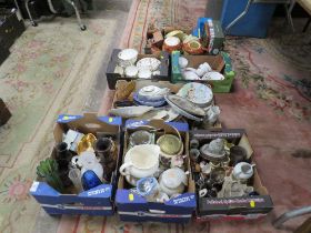 A LARGE QUANTITY OF ASSORTED CERAMICS AND GLASS WARE OVER SEVERAL TRAYS