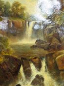 C H PASSEY - A VICTORIAN OIL ON CANVAS DEPICTING A WATERFALL, 90 X 70 CM