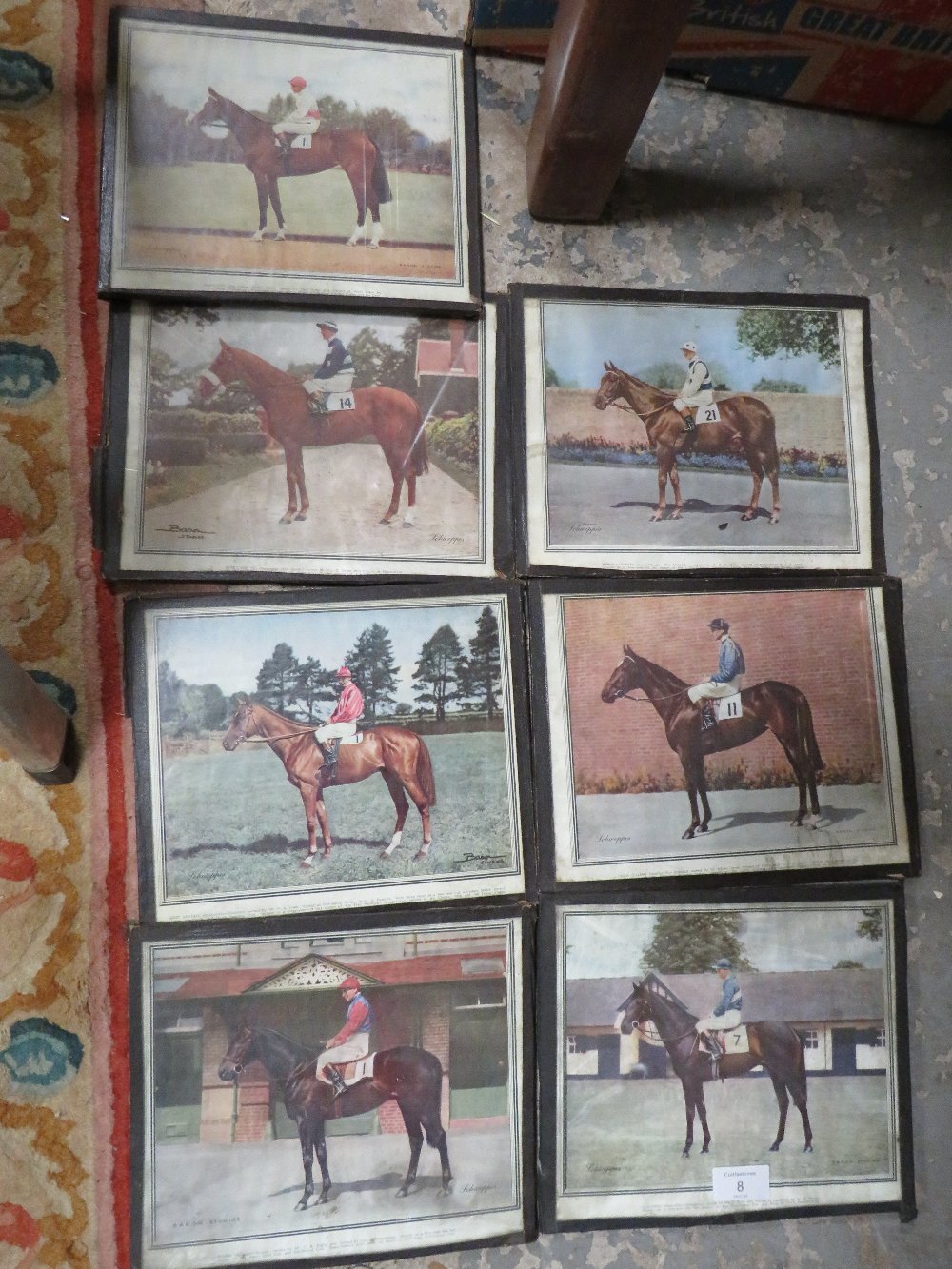 A SET OF SEVEN FRAMED AND GLAZED HORSE RACING PRINTS BY SCHWEPPES, PRODUCED BY BARON STUDIOS