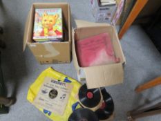 TWO BOXES OF VINTAGE RUPERT ANNUALS ETC TOGETHER WITH A SMALL QUANTITY OF 78 RECORDS