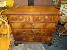 A 19TH CENTURY & LATER OAK AND WALNUT FIVE DRAWER CHEST WITH CROSSBANDED DETAIL - H 91 cm, W 100 cm