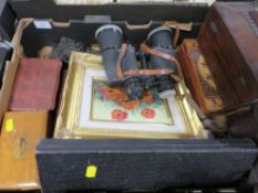 A TRAY OF ASSORTED COLLECTABLE'S TO INCLUDE TEA CADDY , BINOCULARS ETC