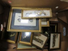 A TRAY OF NOVELTY FRAMED CAR PICTURES MADE FROM WATCH PARTS