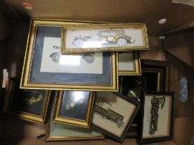 A TRAY OF NOVELTY FRAMED CAR PICTURES MADE FROM WATCH PARTS