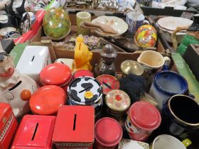 TWO TRAYS OF ASSORTED COLLECTABLE'S TO INCLUDE TWO VINTAGE PAPER MACHE EASTER EGG CASES , MONEY