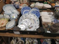 THREE TRAYS OF ASSORTED CERAMICS ETC TO INCLUDE A POOLE POTTERY OWL , CERAMIC MEAT PLATE ETC