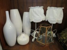 A SELECTION OF MODERN TABLE LAMPS AND VASES ETC