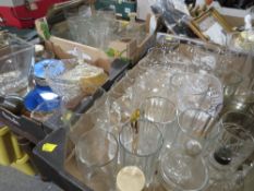 THREE TRAYS OF ASSORTED GLASSWARE TO INCLUDE ENAMEL DRESSING TABLE ITEMS AND A MINIATURE WATERFORD