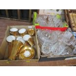 TWO SMALL TRAYS OF CUT GLASS TOGETHER WITH A SMALL TRAY OF GILDED COFFEE WARE