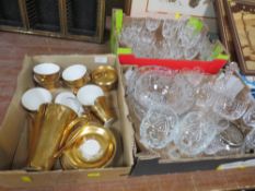 TWO SMALL TRAYS OF CUT GLASS TOGETHER WITH A SMALL TRAY OF GILDED COFFEE WARE