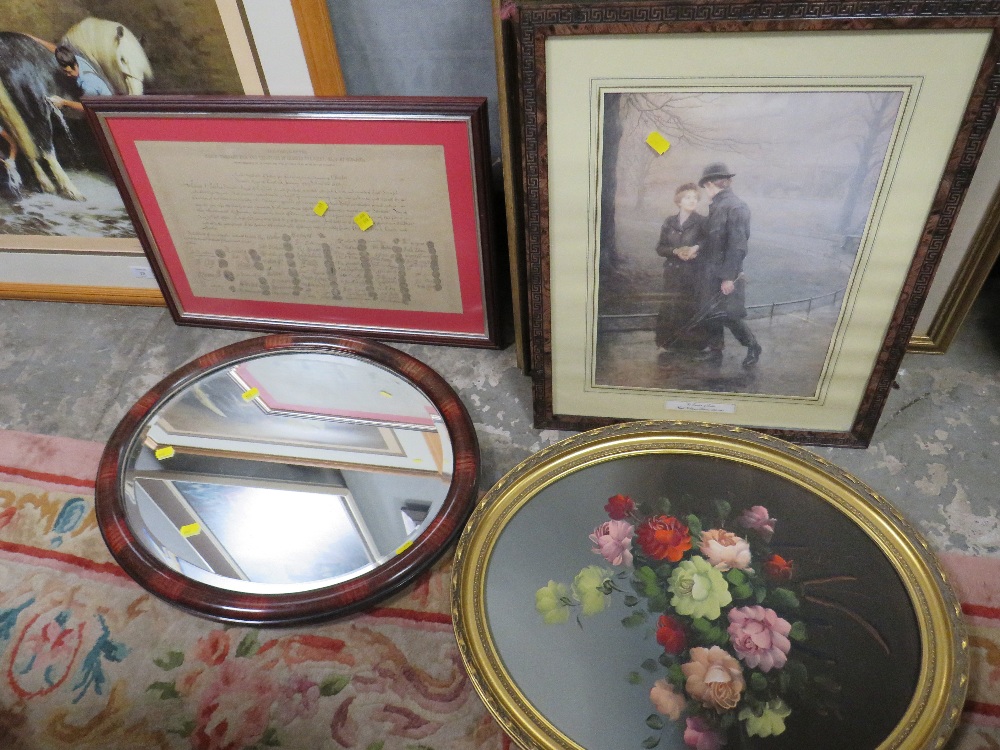 A QUANTITY OF ASSORTED PICTURES AND P[PRINTS TO INCLUDE AN OVAL MIRROR (8)