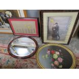 A QUANTITY OF ASSORTED PICTURES AND P[PRINTS TO INCLUDE AN OVAL MIRROR (8)